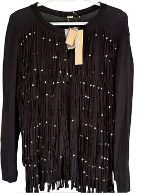 Chan Luu NWT Black Fringe Cardigan Size S Women Embellished Bohemian Chic